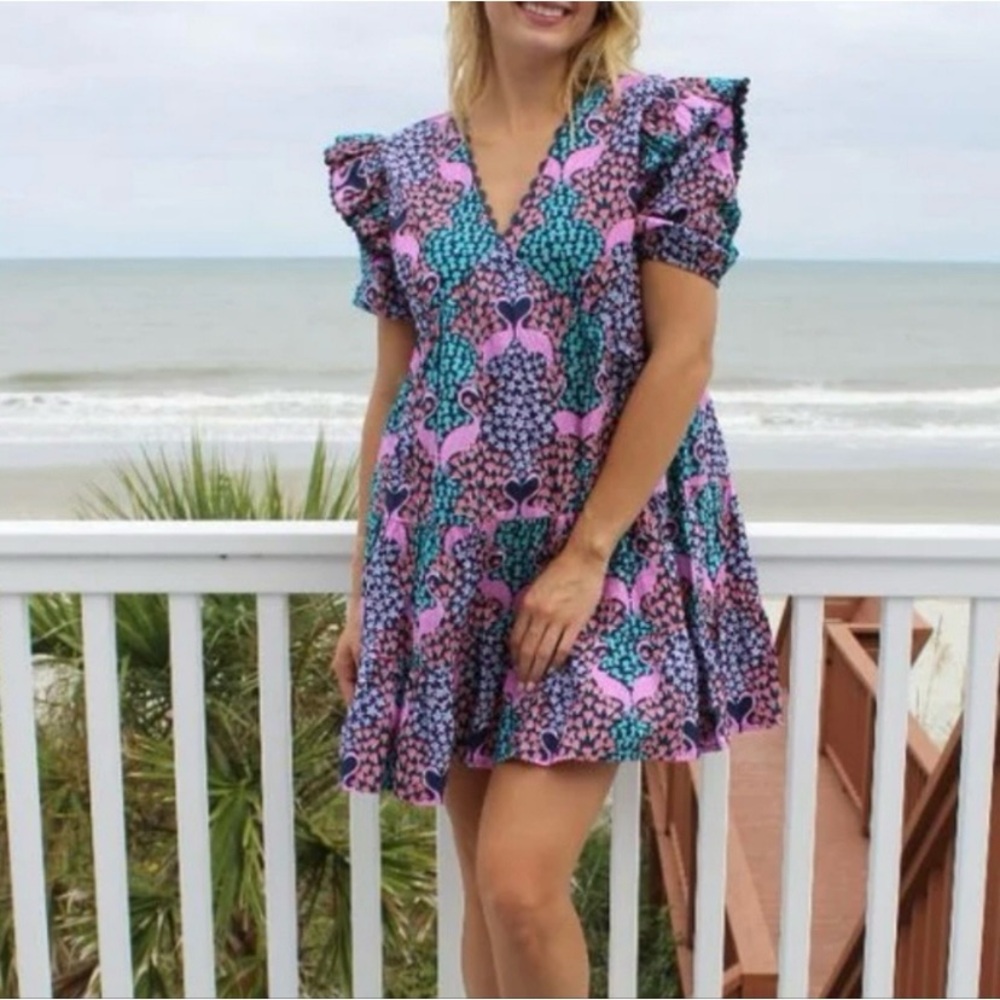 NWT Simply Southern Flamingo V Neck Ruffle Sleeve Dress